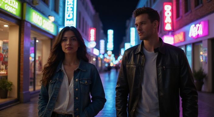 Een jongeman en vrouw wandelen ontspannen door de nachtelijke straten van Zurich.