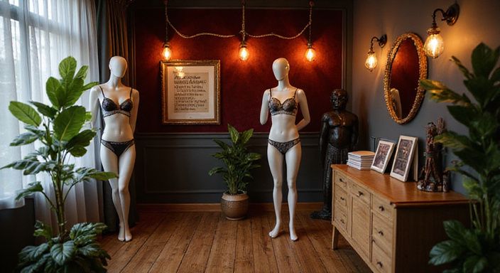Een stijlvolle lounge met lingerie-mannequins en exotische decoratie.