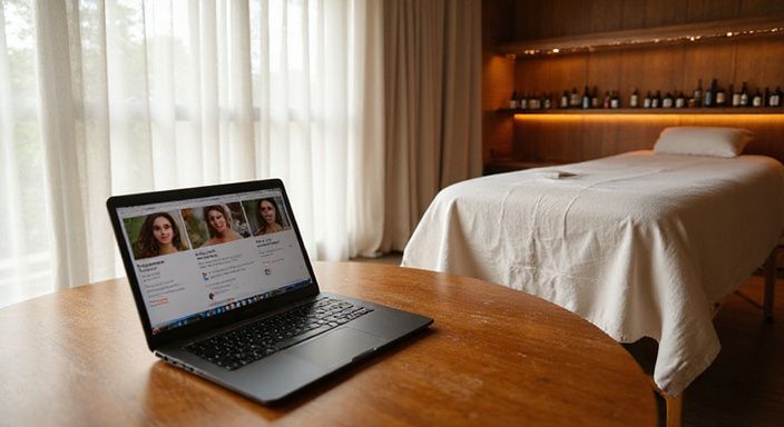 Een professionele ruimte met een houten tafel en massagehoek.