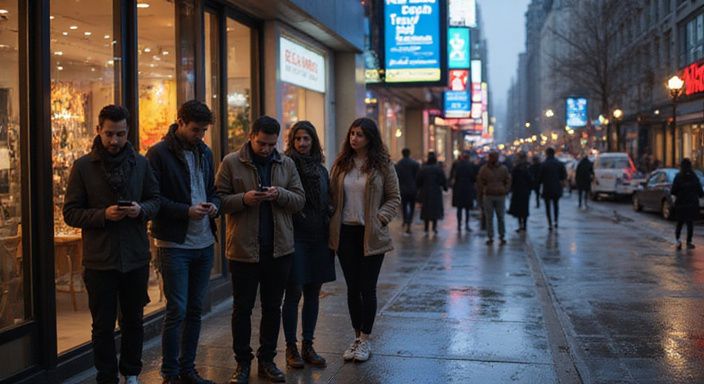 Een groep mensen op een stadsstoep, met smartphones en gesprekken.