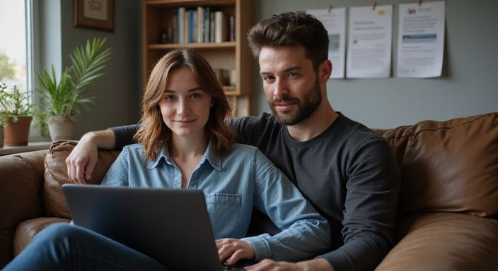 Een vrouw en man werken samen aan een laptop op een bank en zoeken sexcontact in Zwitserland.