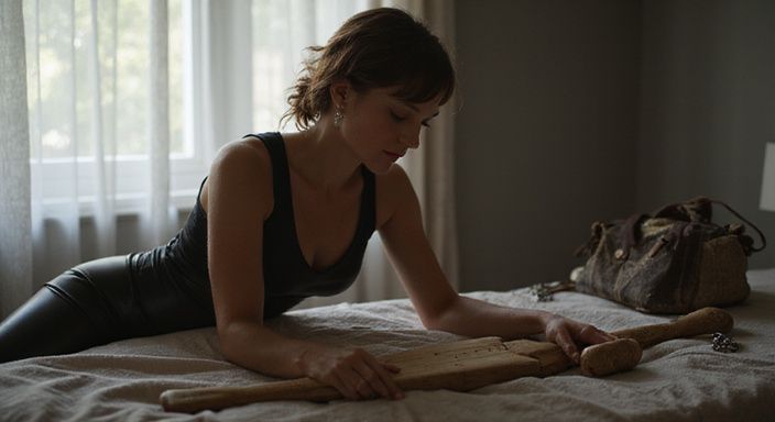 Een vrouw past een massage toe met BDSM-uitrusting op de achtergrond.