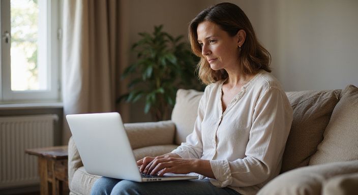 Een middelbare vrouw zoekt sexcontact in Zwitserland op haar laptop.