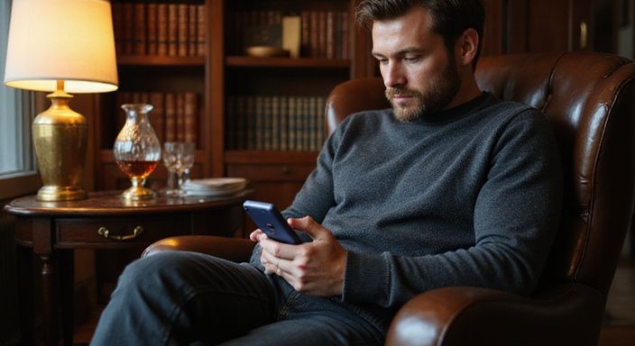 Een man in een leren stoel bekijkt escortprofielen voor sexcontact in Zwitserland op zijn smartphone.