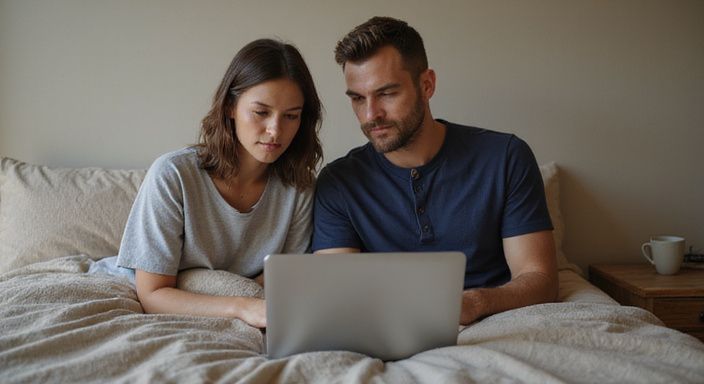 Een koppel bespreekt ontspannen sexcontact in Zwitserland op hun laptop.