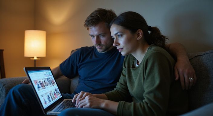 Een stel bekijkt een datingwebsite met gemengde gevoelens op de bank.