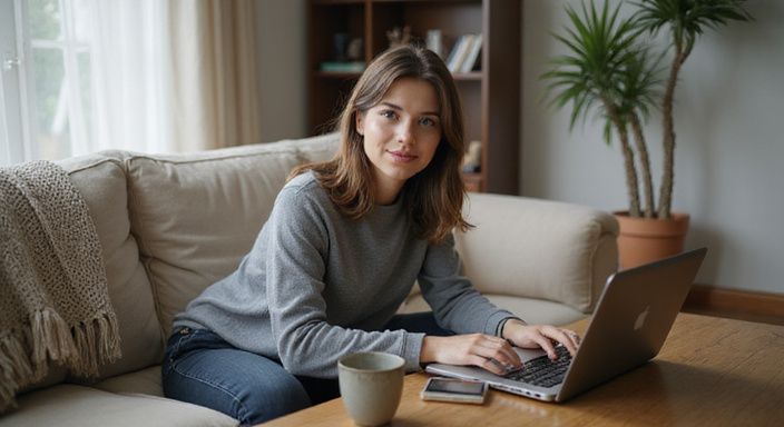 Sexcontacten gezocht :Vrouw in sweater en jeans werkt gefocust op laptop.