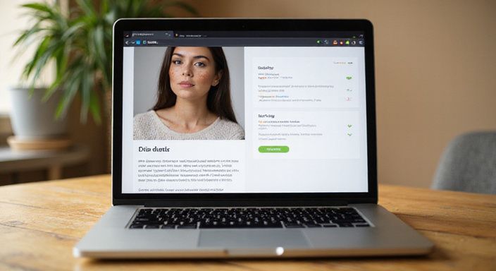 Sexcontacten gezocht: Een laptop toont een datingprofiel met bijbehorende interface-elementen.