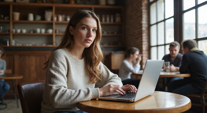 Een vrouw in een café, gefocust op een datingwebsite.