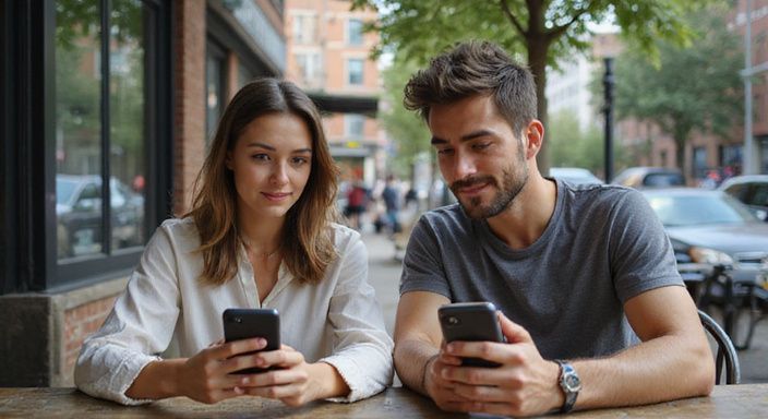 Twee personen zitten ontspannen aan een café-tafel met smartphones.