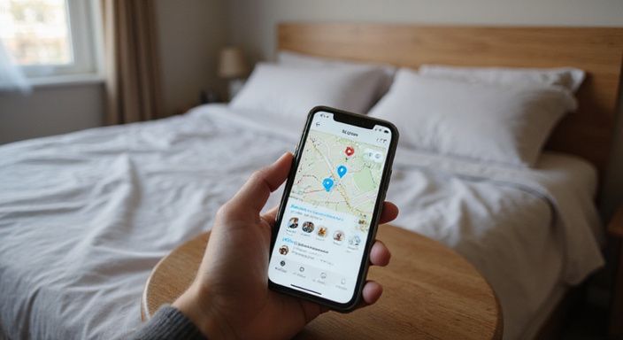 Sexcontacten gezocht: Een smartphone op een houten tafel toont een datingapp-interface.