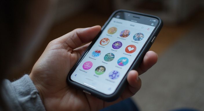 Een smartphone met dating-apps in een hand, casual browsen.