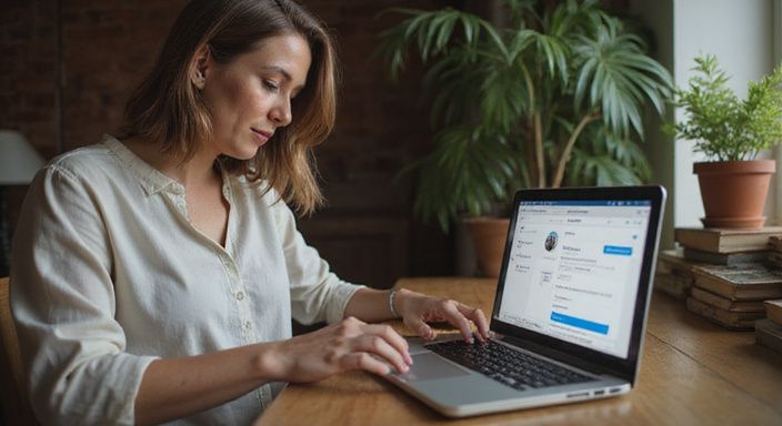 Een vrouw werkt geconcentreerd aan haar laptop achter een bureau.
