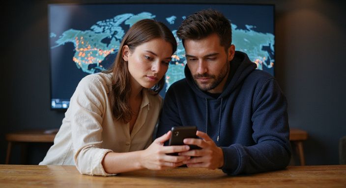 Een vrouw en man onderzoeken samen een smartphone met datingprofielen voor sexcontacten gezocht.