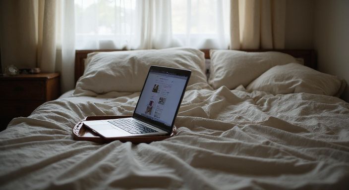 Een onopgemaakte slaapkamer met een laptop en een houten dienblad.