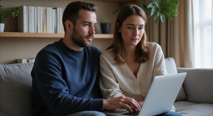 Een man en vrouw werken geconcentreerd op hun laptops op een bank.