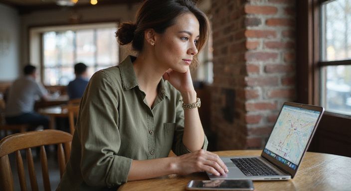 Een vrouw in een café werkt geconcentreerd aan haar laptop.