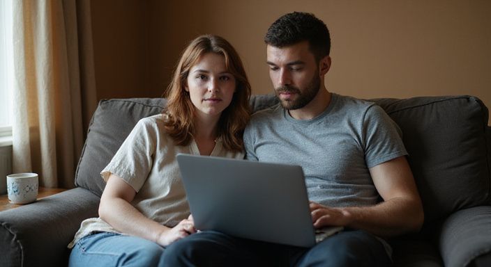 Een man en vrouw zitten samen op een bank met een laptop.