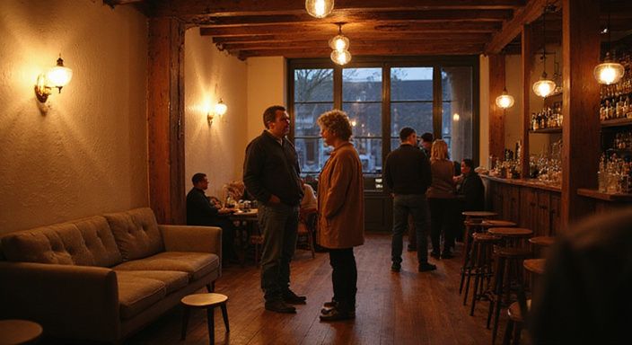 Candid ontmoeting van drie stellen in een chic Amsterdams lounge.