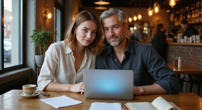 Een middel oud stel werkt samen aan datingprofielen voor Swingers sexcontact in een koffiehuis.