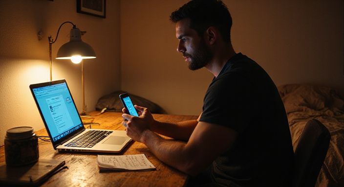 Een persoon zit geconcentreerd aan een bureau met een laptop en telefoon.
