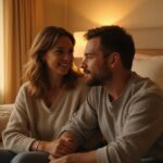 Een middel ouder echtpaar zit intiem samen op de bank