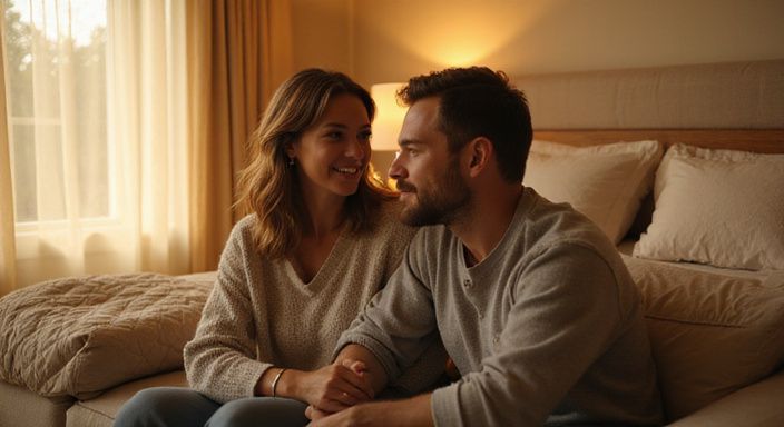 Een middel ouder echtpaar zit intiem samen op de bank