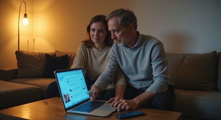 Een stel kijkt samen naar een datingsite voor Swingers sexcontact op een laptop.