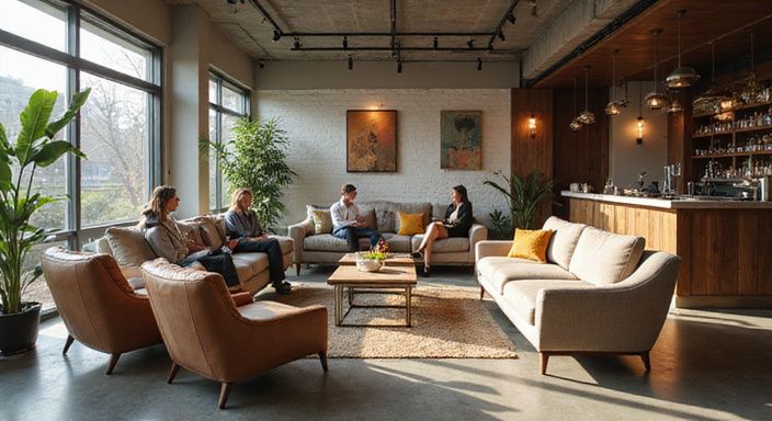 Moderne lounge met comfortabele zitgroepen en stijlvolle meubels.