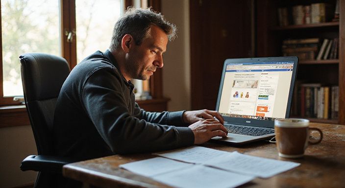 Een man doet onderzoek naar datingsites voor Swingers sexcontact met notities en koffie.