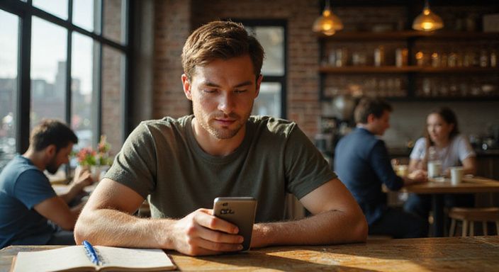 Een jonge persoon bestudeert een dating-app in een koffiehuis. Een jonge persoon bestudeert een dating-app voor transgender sexcontact in een koffiehuis.