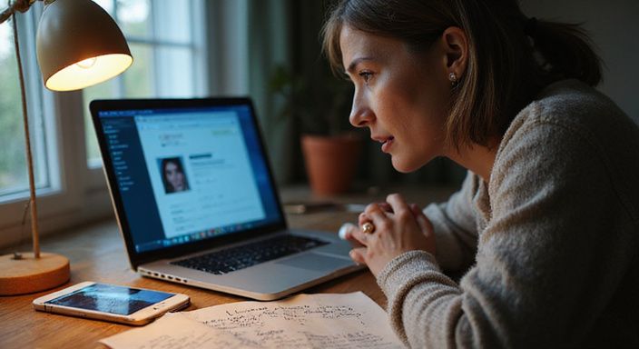 Een vrouw verdiept in haar datingprofiel aan haar bureau. Een vrouw verdiept in haar datingprofiel voor transgender sexcontact aan haar bureau.