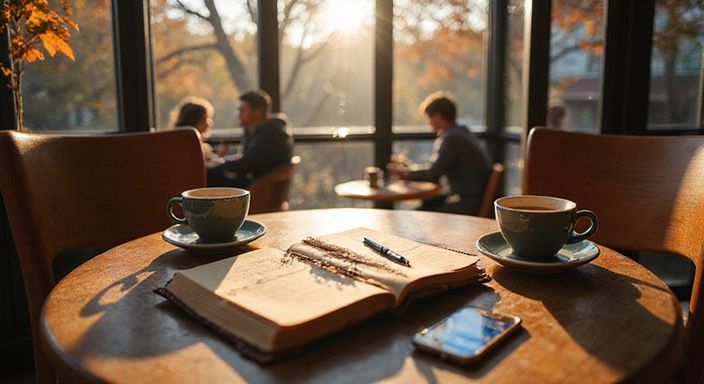 Twee houten stoelen tegenover elkaar met koffie en notities op tafel. Twee houten stoelen tegenover elkaar met koffie en notities op tafel.