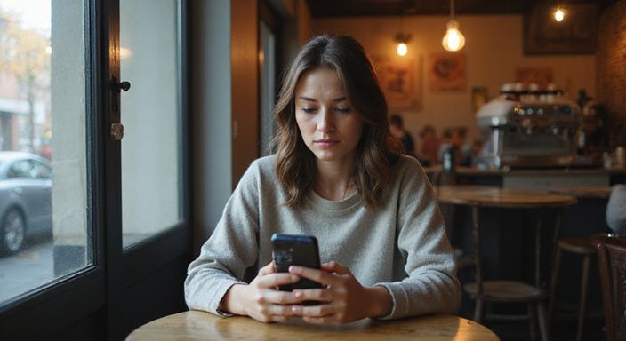 Een vrouw in een café, verdiept in haar datingapp op haar telefoon. Een vrouw in een café, verdiept in haar datingapp voor transgender sexcontact op haar telefoon.