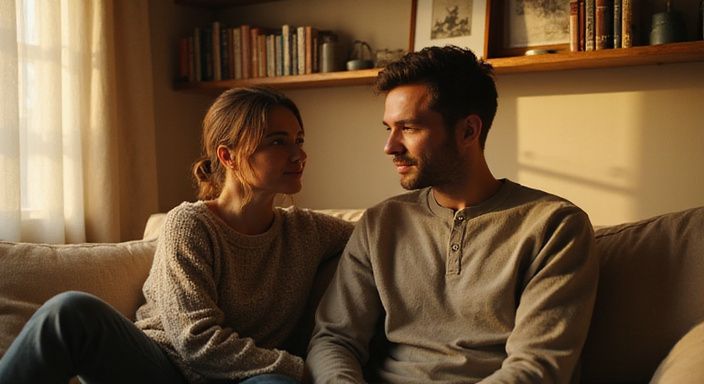Twee ontspannen mensen op een bank in een gezellige woonkamer. Twee ontspannen mensen op een bank in een gezellige woonkamer.