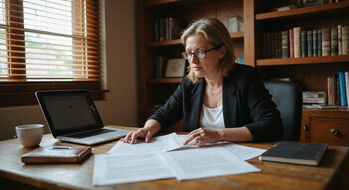 Een vrouw leest geconcentreerd juridische documenten aan een houten bureau. Een vrouw leest geconcentreerd juridische documenten aan een houten bureau.
