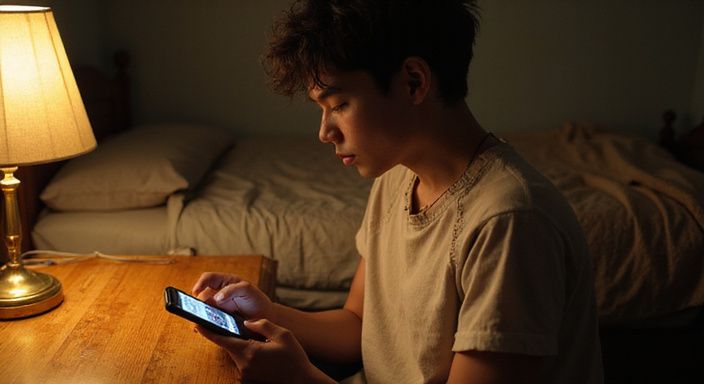 Een persoon met androgynen kenmerken kijkt naar hun smartphone in een slaapkamer. Een persoon met androgynen kenmerken kijkt naar hun smartphone in een slaapkamer.