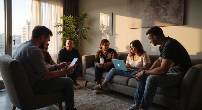 Groep volwassenen in moderne woonkamer met authentieke interacties en emoties. Groep volwassenen in moderne woonkamer met authentieke interacties en emoties.