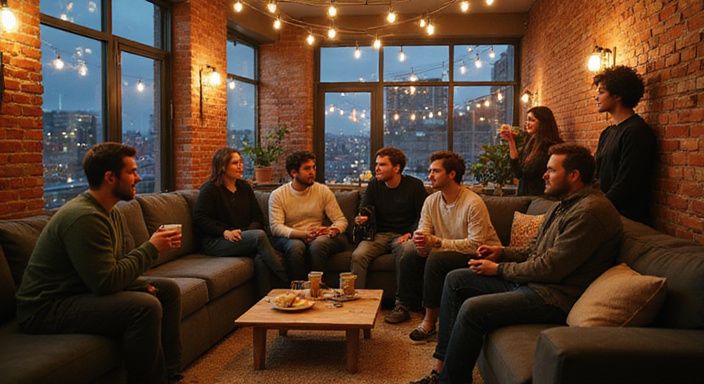 Groep volwassenen geniet van een ontspannen samenkomst in een loft. Groep volwassenen geniet van een ontspannen samenkomst in een loft.