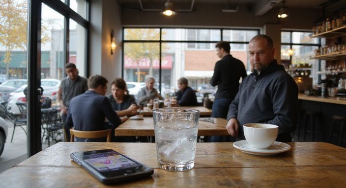 Drukke café-interieur met klanten, cappuccino en een iPhone op tafel. Drukke café-interieur met klanten, cappuccino en een iPhone op tafel.