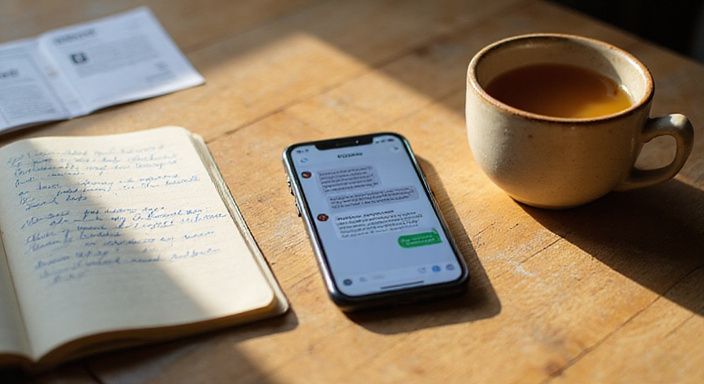 Een smartphone toont een datingapp met gesprekken over relatiegrenzen en SOA-tests. Een smartphone toont een datingapp met gesprekken over relatiegrenzen en SOA-tests.