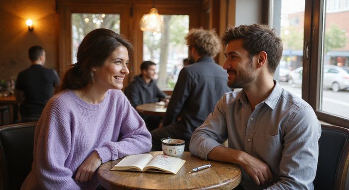 Twee volwassenen lachen samen in een café, met een smartphone en notitieboek. Twee volwassenen lachen samen in een café en willen transgender sexcontact.