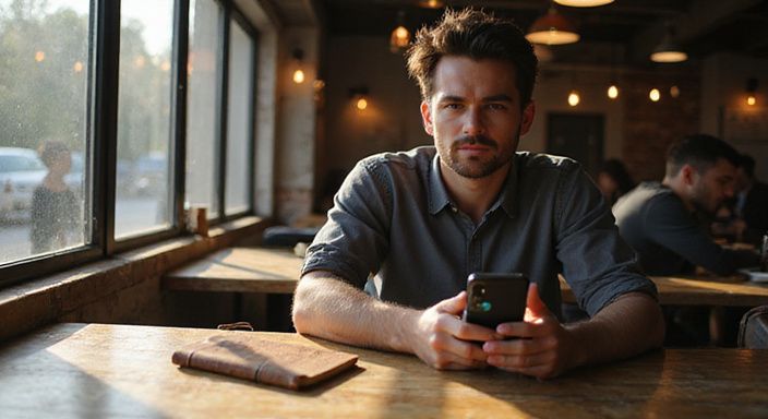 Een jongvolwassene verdiept in gedachten, met een smartphone en notitieboekje. Een jongvolwassene verdiept in gedachten, met een smartphone en notitieboekje.