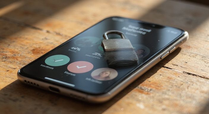 Een smartphone toont een datingapp met compatibiliteitspercentages en beveiliging. Een smartphone toont een datingapp met compatibiliteitspercentages en beveiliging.