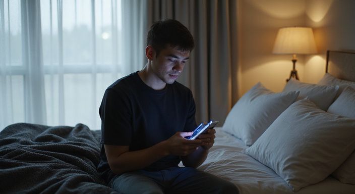 Een persoon in contemplatie op een modern bed met smartphone. Een persoon in contemplatie op een modern bed met smartphone zoekt geheim sexcontact.