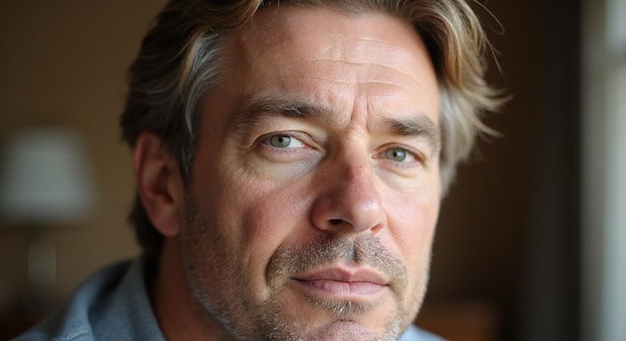 Een middeljarige individu met een contemplatieve uitdrukking en naturel huidtint. Een middeljarige individu met een contemplatieve uitdrukking en naturel huidtint.