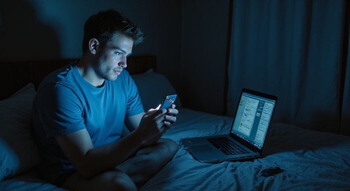 Een jongeman zit op een bed en kijkt geconcentreerd naar zijn smartphone. Een jongeman zit op een bed en kijkt geconcentreerd naar zijn smartphone.