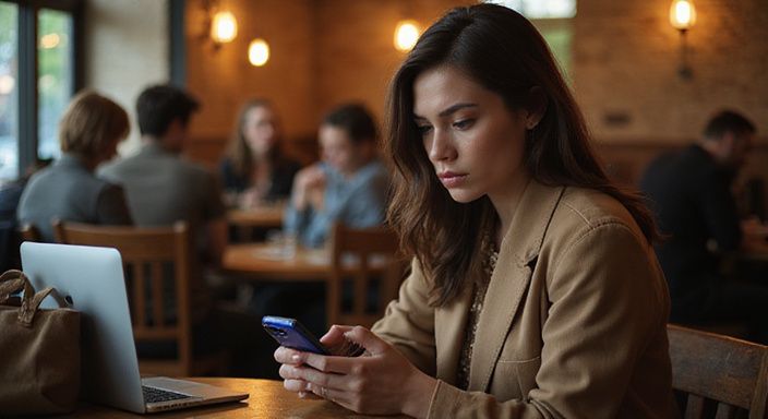Een vrouw zit alleen in een café met een bezorgde uitdrukking. Een vrouw zit alleen in een café en is op zoek naar geheim sexcontact.