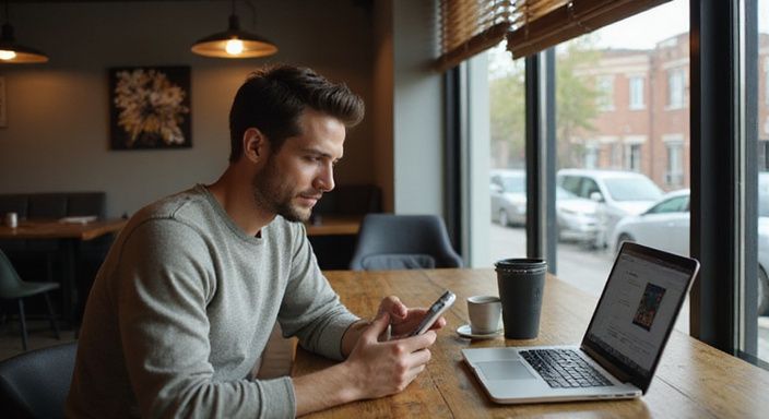 Een gefocuste dertiger in een koffiehuis met laptop en smartphone. Een gefocuste dertiger in een koffiehuis met laptop en smartphone en zoekt geheim sexcontact.