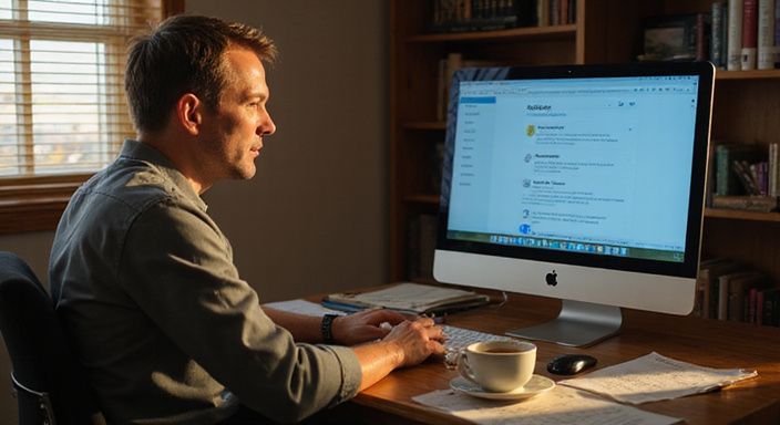 Een middelbare man werkt gefocust aan zijn laptop in een thuiskantoor. Een middelbare man zoekt op zijn computer naar geheim sexcontact.